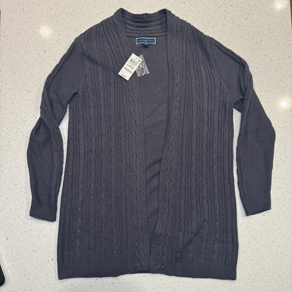 NWT Karen Scott grey cardigan cable knit size L